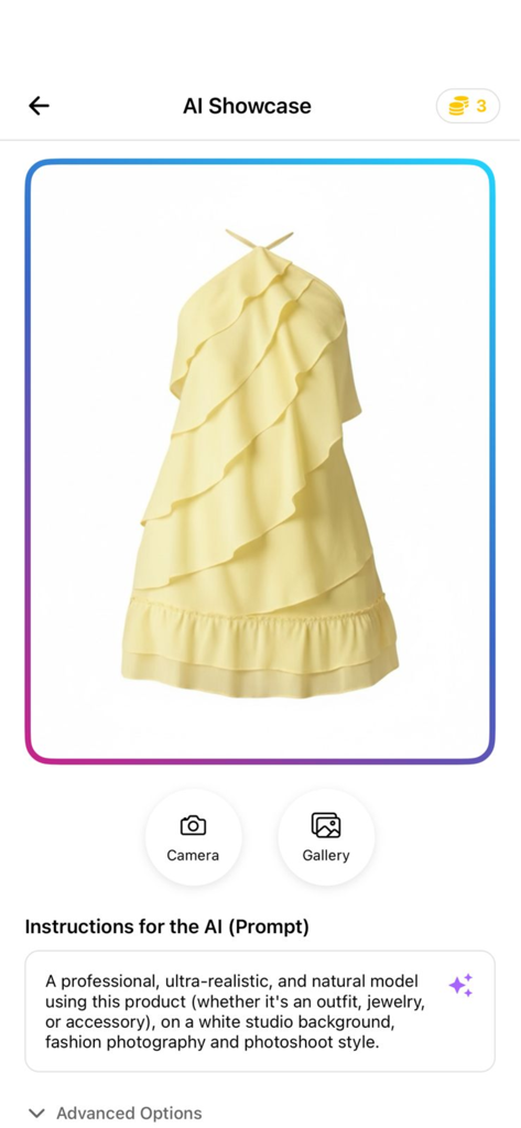 Interface of GenLook AI showcase screen with a yellow dress and AI photoshoot prompt.