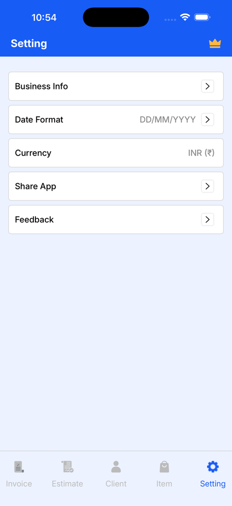 Instant Invoice Generator - Settings screen of the Instant Invoice Generator app showing configuration options for business info and currency