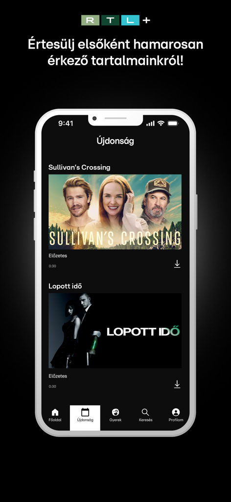 RTL+ Magyarország - Interfaz de la app RTL Plus mostrando la sección de contenido próximo con tráilers de películas