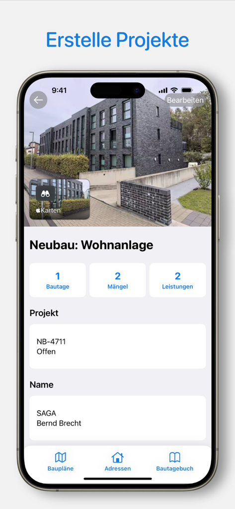 ProCapture mobile app dashboard showing project details, site photos, and defect tracking for a residential construction project