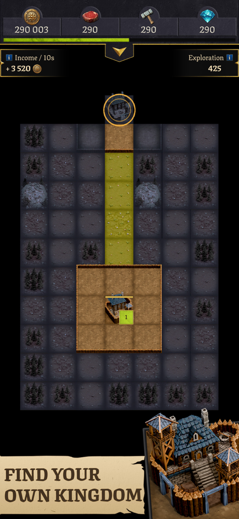 Exploration et construction d'un royaume médiéval sur une carte quadrillée dans Legacy of Kings