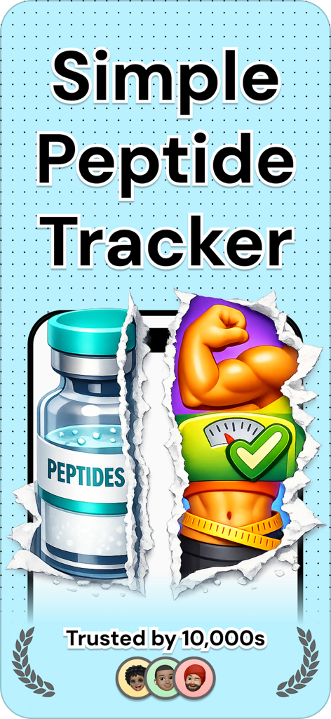 Simple Peptide Tracker app banner featuring a peptide vial and fitness icons for muscle and weight management