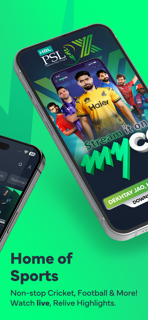 myco - live sports, TV, Films - Myco app interface showcasing live sports and cricket highlights on a mobile device