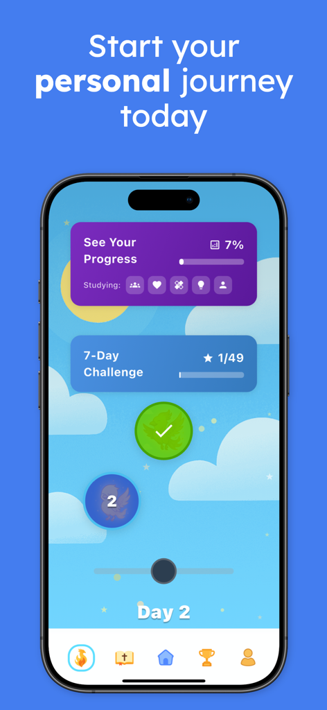 Ascend app interface showing a gamified Bible study learning path and progress tracking dashboard