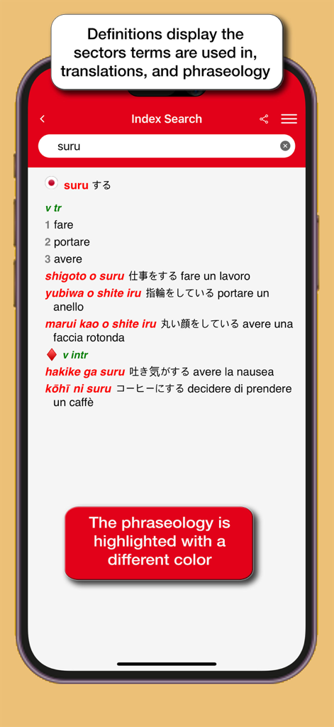 Benutzeroberfläche des Japanisch-Italienisch-Wörterbuchs von Hoepli mit Definitionen und hervorgehobener Phraseologie für das Wort suru.