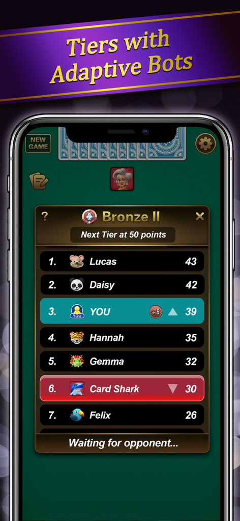 Gin Rummy - Classic Card Game· - Gin Rummy game screen showing player rankings in the Bronze II tier with adaptive bots.