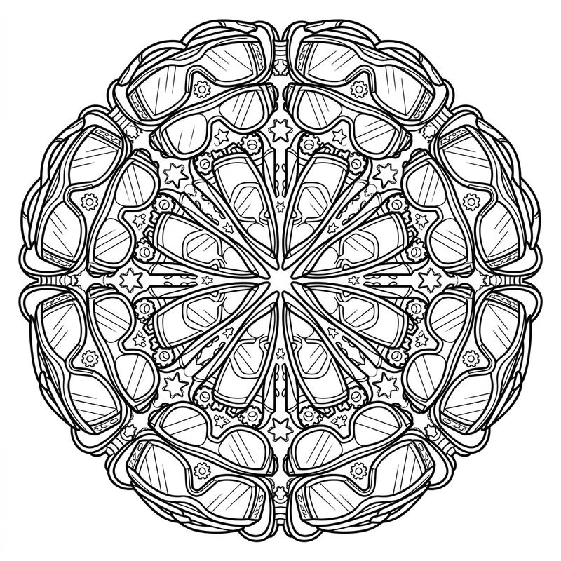 Explore a unique and intricate coloring experience with this striking safety glasses mandala. Its symmetrical design offers a fascinating challenge for both mindful coloring and creative expression.