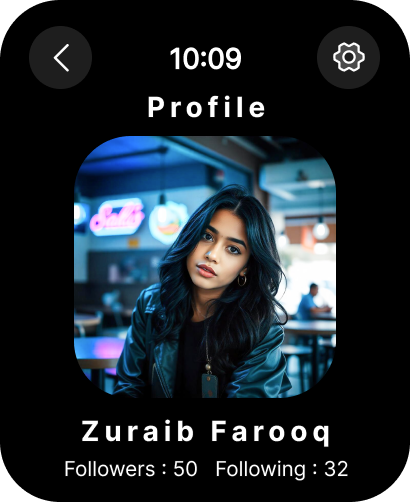Vista for Feed - Apple Watch screen displaying a user profile with follower count and profile picture on the Vista for Feed app.