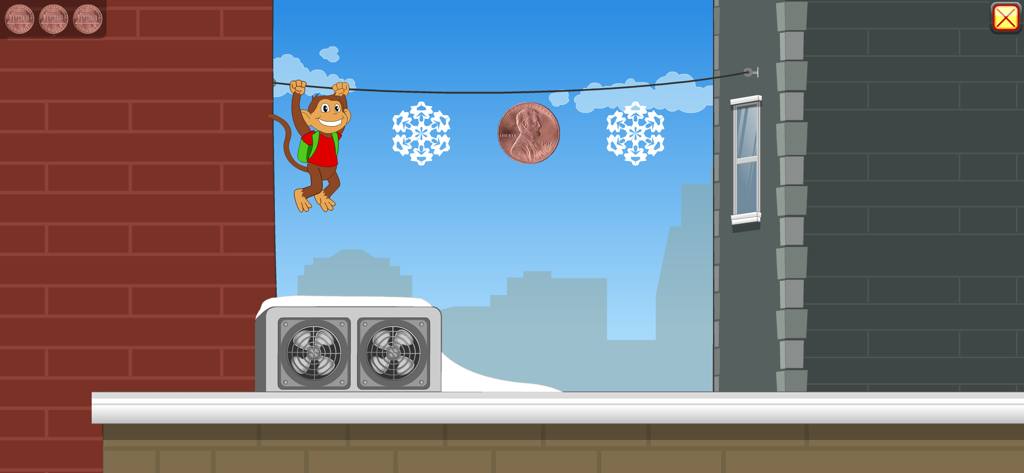 Starfall Numbers - A cartoon monkey hangs on a wire with snowflakes and a penny in a counting activity from the Starfall Numbers app.