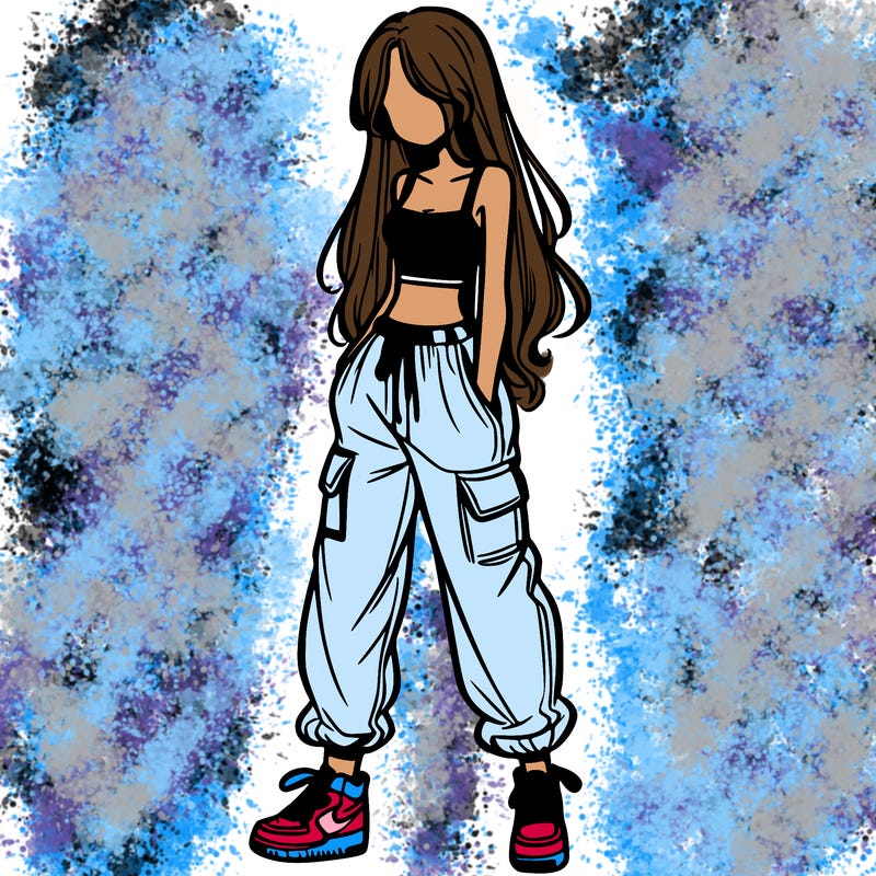 girl in baggy pants crop top and long hair