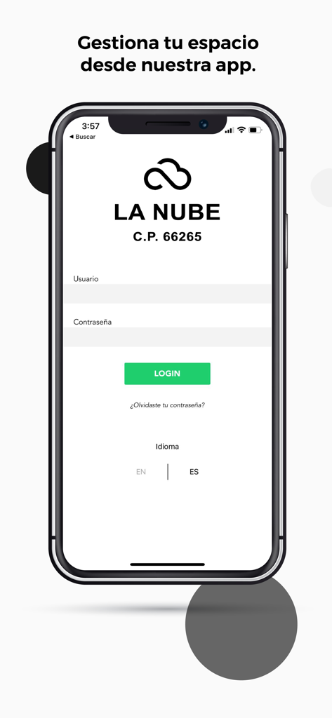 La Nube - Login screen for the La Nube property management app with username and password fields