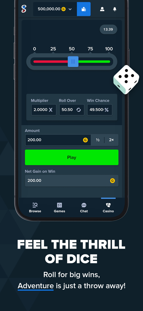 Stake.us app screen showing the dice game interface with betting options and a slider