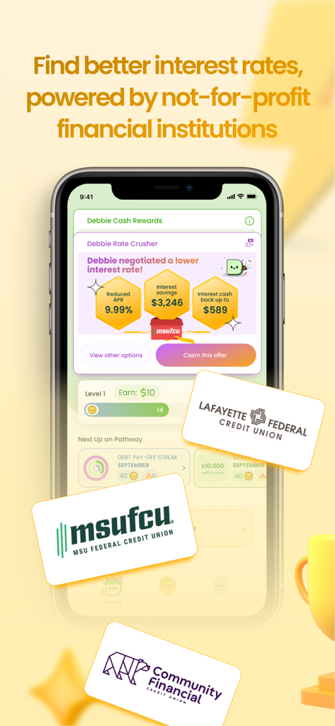 Debbie app screen showing lower interest rates and debt refinancing options through credit unions