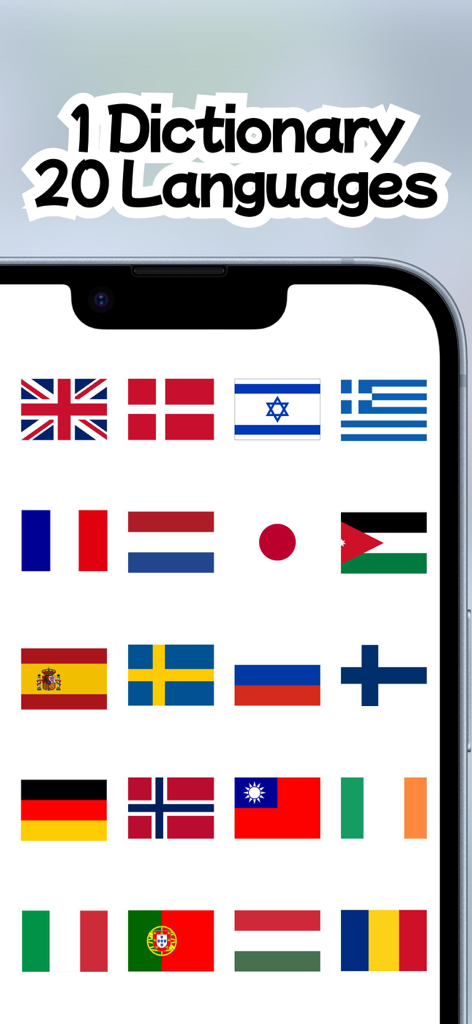 Lomar English Dictionary - Uma tela de smartphone exibindo vinte bandeiras mundiais representando os vários idiomas suportados pelo aplicativo Dicionário Lomar de Inglês