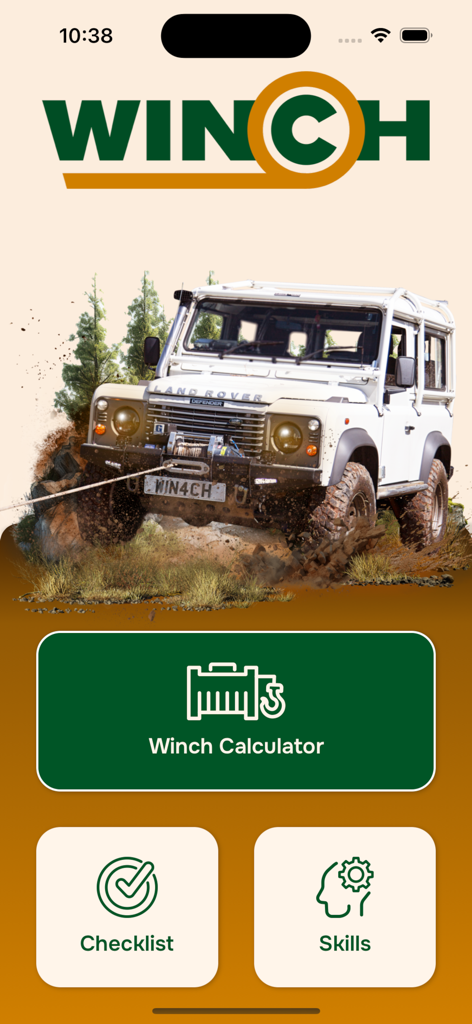 Interfaz de inicio de la aplicación WINCH mostrando botones para la calculadora de cabrestante, lista de verificación y habilidades