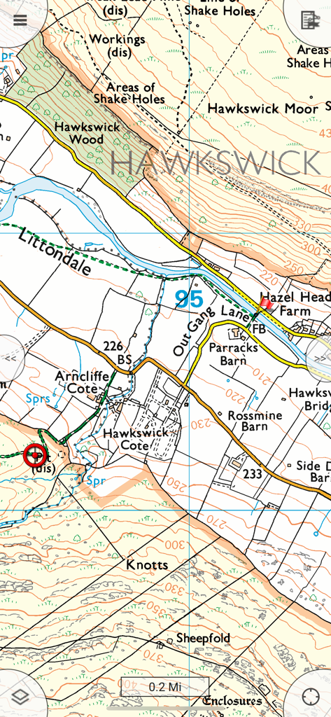 Memory-Map for All - A detailed topographic map view within the Memory-Map app showing terrain contour lines buildings and geographic labels for rural navigation.
