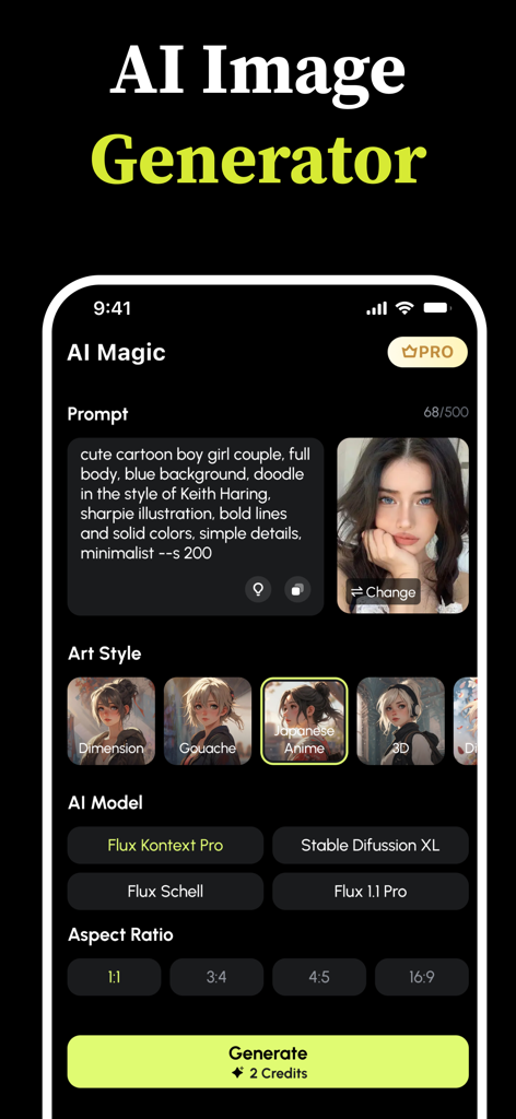 Magic Me: AI Photo to Video - Pantalla de la aplicación Magic Me mostrando la interfaz del Generador de Imágenes IA con entrada de indicaciones y selección de estilo de arte