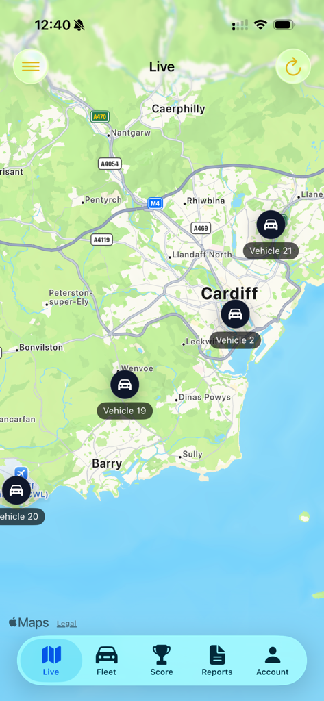Live map screen showing real time vehicle locations in the Tracking Guardian app