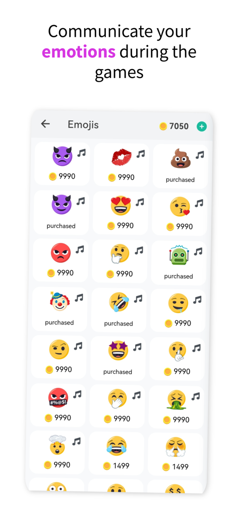 A menu of expressive emojis available for purchase in the papergames shop