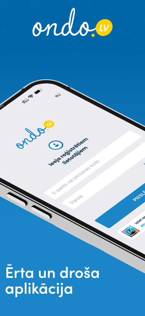 Login screen for the Ondo.lv mobile app for financial services
