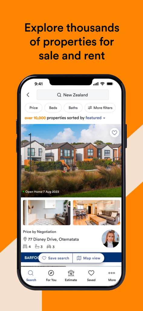 A mobile screenshot of the OneRoof app showing property listings for sale and rent in New Zealand with search filters and home images.