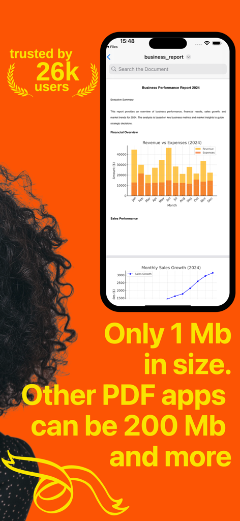 PDF Reader for Big Files - PDFリーダーアプリのスクリーンショットで、その小さな1MBサイズとiPhone画面上のビジネスレポートが表示されています