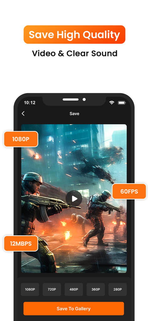Screen Recorder & Recorder - Interfaz de aplicación de grabación de pantalla que muestra opciones de exportación de video de alta calidad para resolución 1080p y 60fps