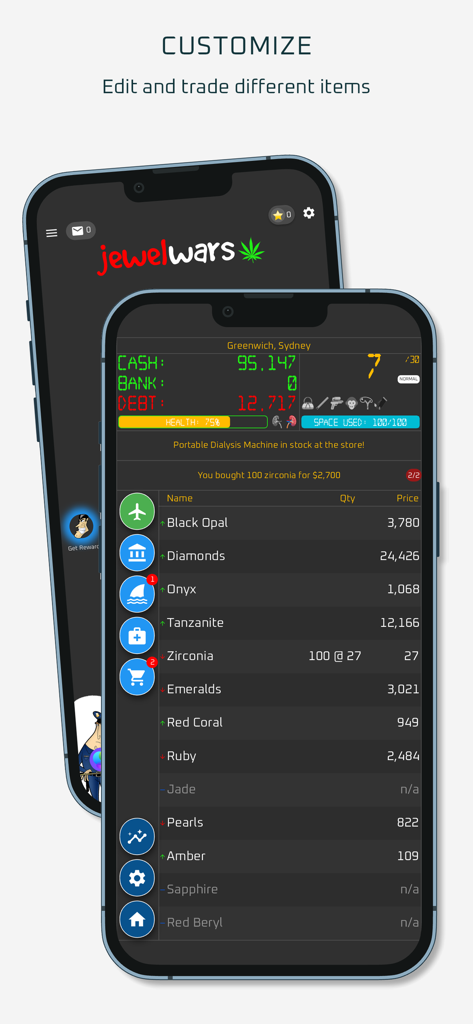 Interface of Dope Wars mobile game showing the custom Jewel Wars mode for trading gemstones like diamonds and opals
