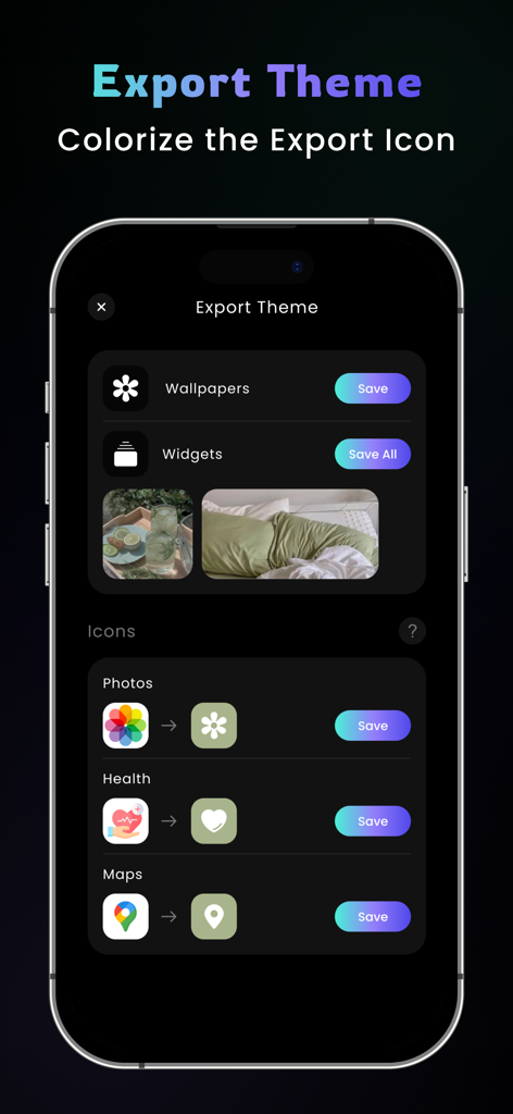 Theme Wallpaper : Widget Notch - Interfaz de la aplicación que muestra opciones para guardar fondos de pantalla, widgets y iconos de aplicaciones estéticas personalizados para iPhone