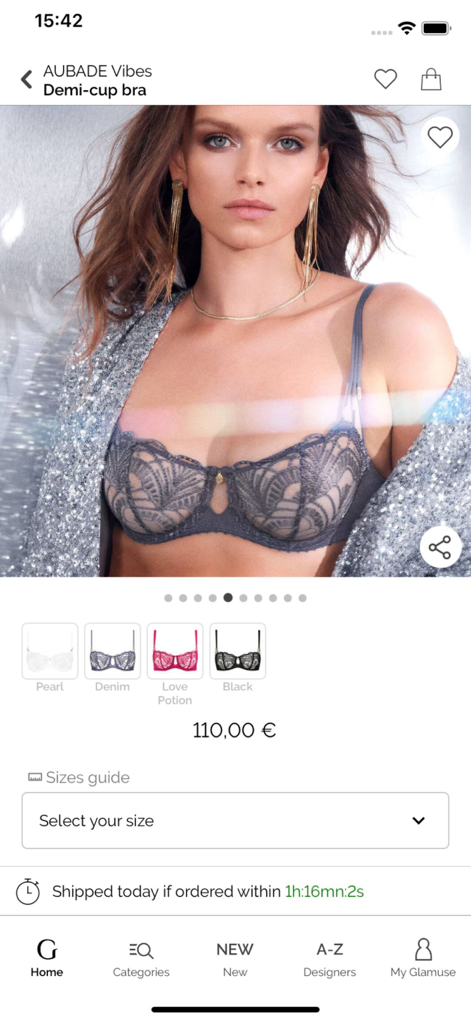 Glamuse – Lingerie - Product page in the Glamuse app for an Aubade lace demi-cup bra with color and size selection