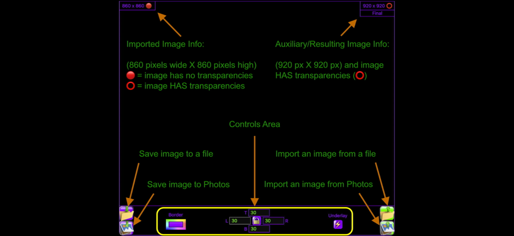 Core Image Tools - A diagram explaining the user interface of the Core Image Tools app including image metadata and file controls