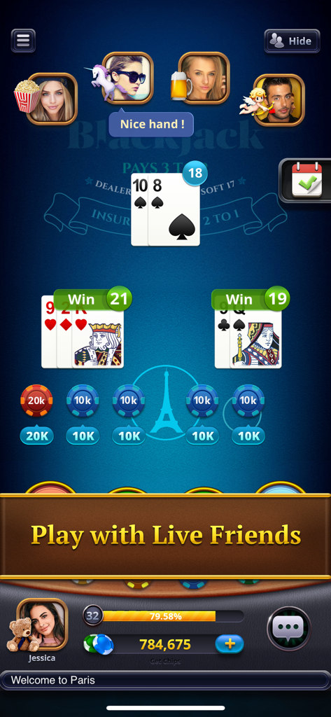 A live multiplayer blackjack game interface showing winning hands and player avatars