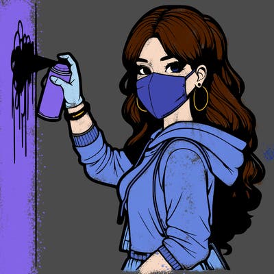 realistic girl with mask spray painting a wall