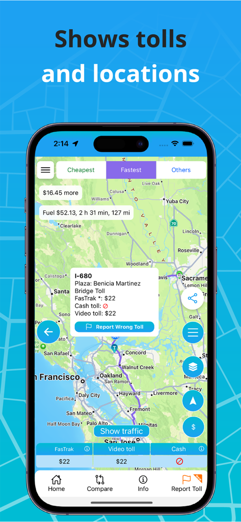 Toll & Gas Calculator TollGuru - TollGuru app interface showing bridge toll rates and route information on a map of California