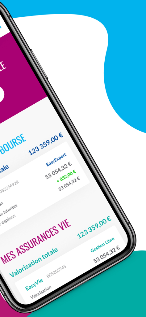 EasyBourse - Interface de l'application mobile EasyBourse affichant des résumés de portefeuille boursier et d'assurance vie avec les valorisations totales