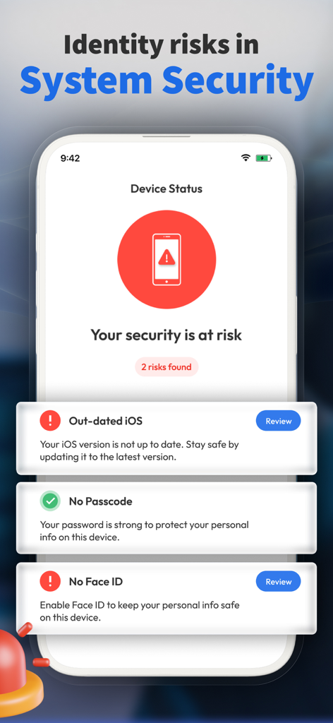 Hacker Protection, Private VPN - Smartphone screen showing a security risk assessment in the Prosec Mobile app identifying outdated iOS and missing Face ID.
