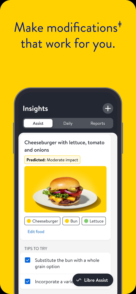 Libre by Abbott App, die KI-gestützte Vorhersagen zu Lebensmittelwirkungen und Ernährungstipps für das Glukosemanagement anzeigt