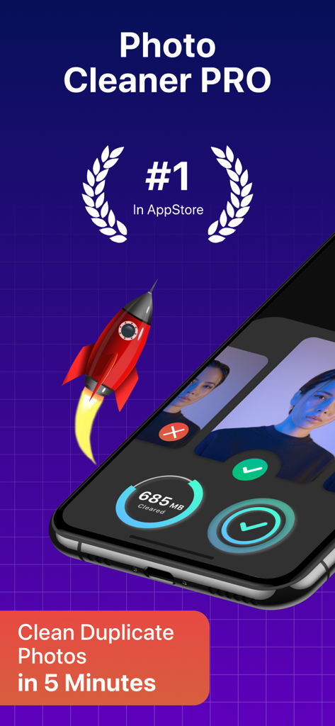 Photo Cleaner・Remove Duplicate - Photo Cleaner PRO app interface showing duplicate photo cleaning and storage space cleared with a rocket graphic
