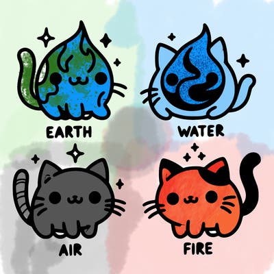 4 cats that represent the different elements, earth, water, air, and fire