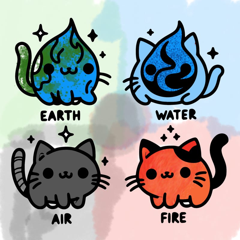 4 cats that represent the different elements, earth, water, air, and fire