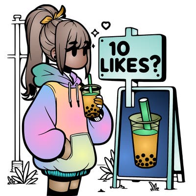 girl with oversized hoodie drinking boba and she has a high ponytail with a sign that says 10likes?