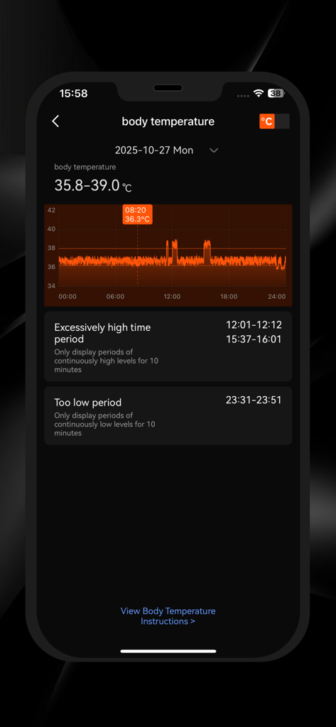 Graphique de suivi quotidien de la température corporelle dans l'application mobile Holosport.