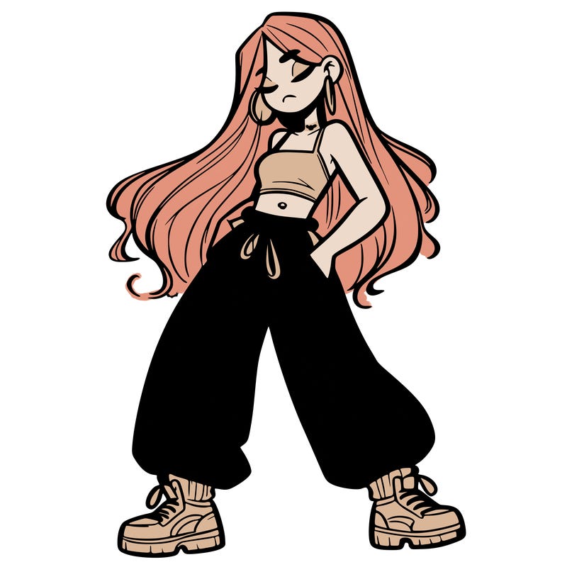 girl in baggy pants crop top and long hair