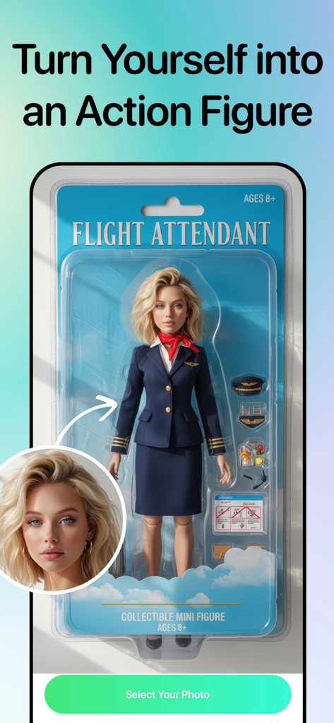 NoX Effect: AI Video Generator - AI generator transforming a personal photo into a custom flight attendant action figure