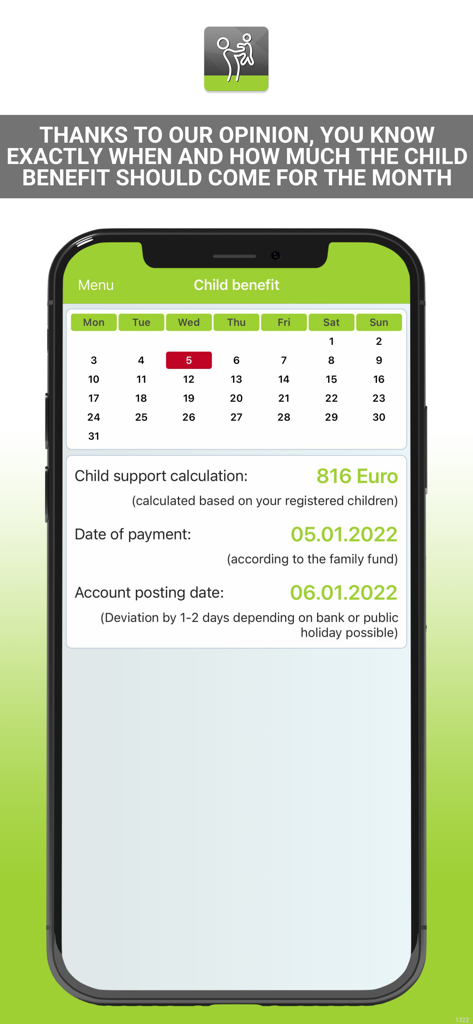 Screenshot of the Child Benefit app showing a monthly calendar with the payment date and a calculation of 816 Euro