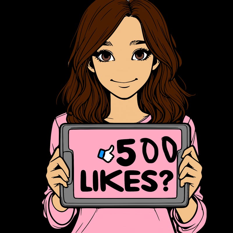 a realistic girl holding a sign saying 5 likes?