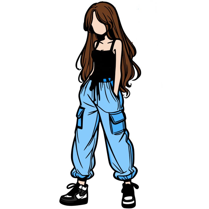 girl in baggy pants crop top and long hair