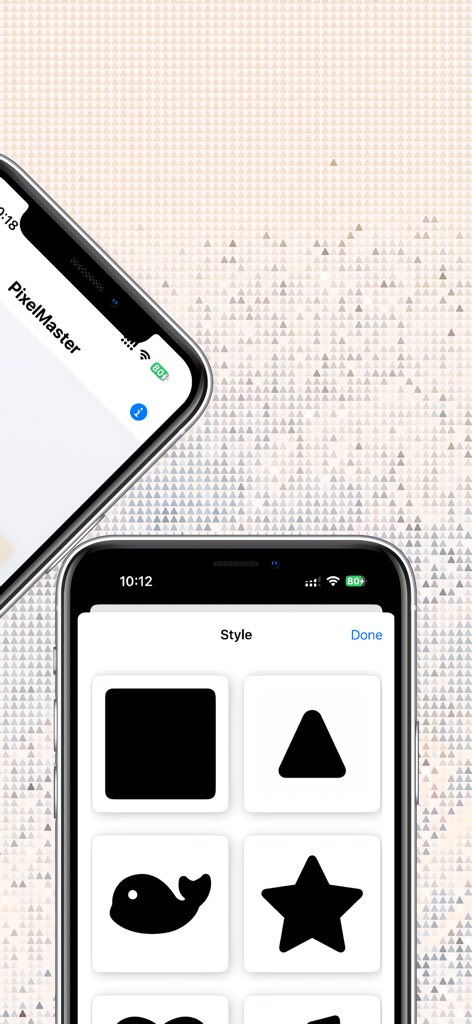 iPhone-Oberfläche der PixelMaster-App, die benutzerdefinierte Pixelstiloptionen wie Stern- und Walformen zeigt