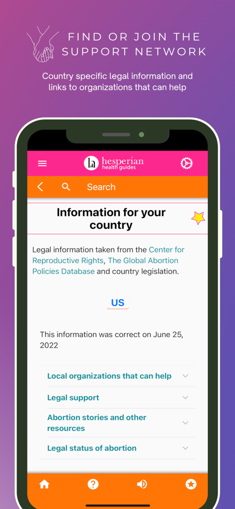 Safe Abortion (SA) - Safe Abortion mobile app screen showing country specific legal information and local support organizations for the US