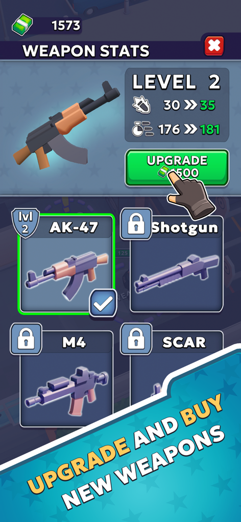SWAT: Squad Tactics - A weapon stats screen in SWAT Squad Tactics showing an AK-47 being upgraded